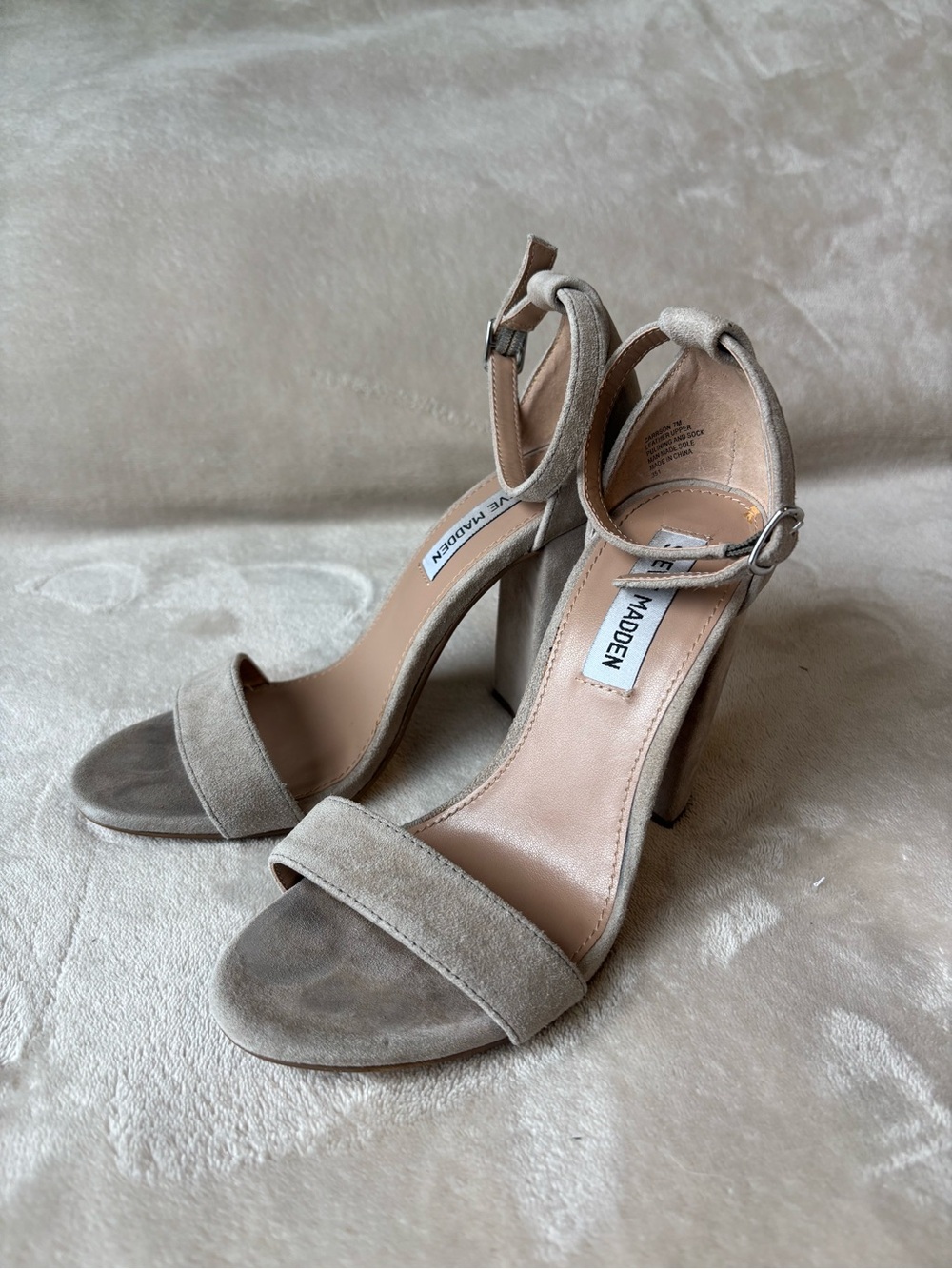 Steve Madden Carrson Taupe Suede Ankle Strap Block Heel Sandals